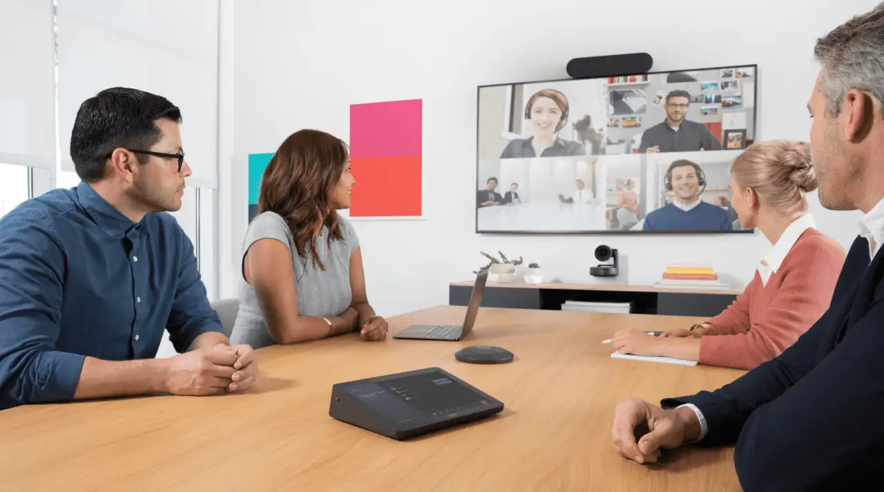 A group of people having online meeting with high quality audio meeting experiences