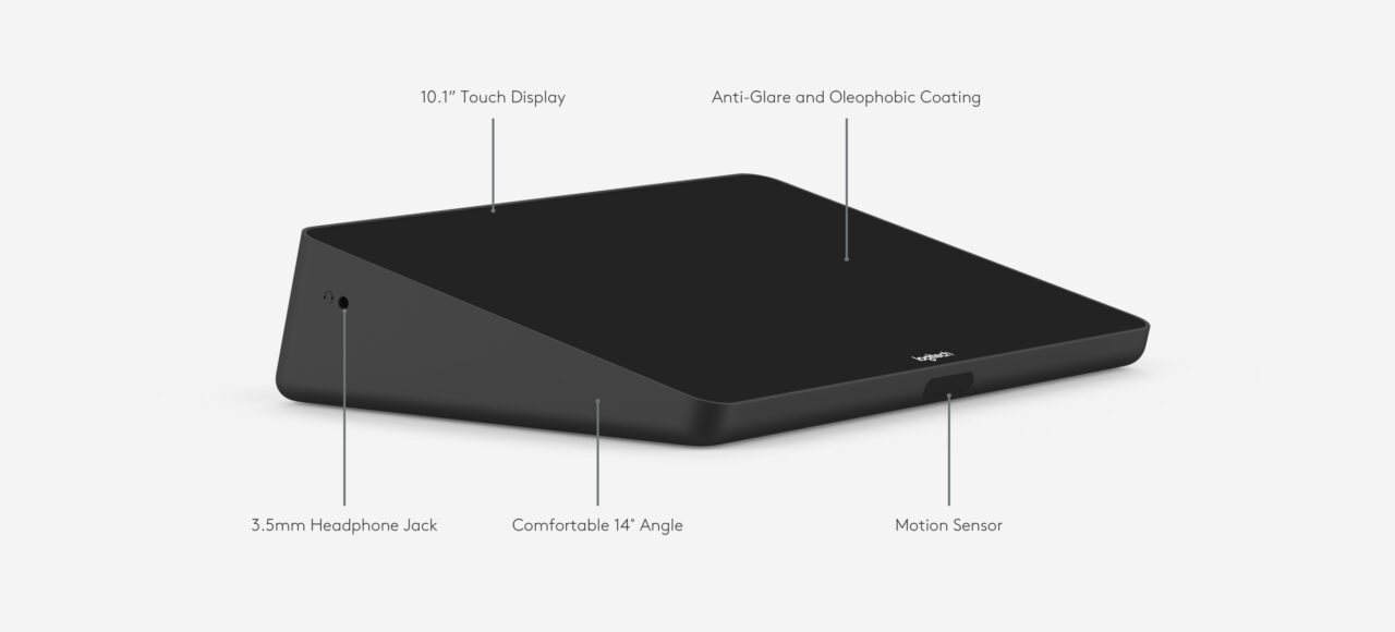 Logitech tap specs, 10.1 touch display, motion sensor, anti-glare, comfortable 14 angle